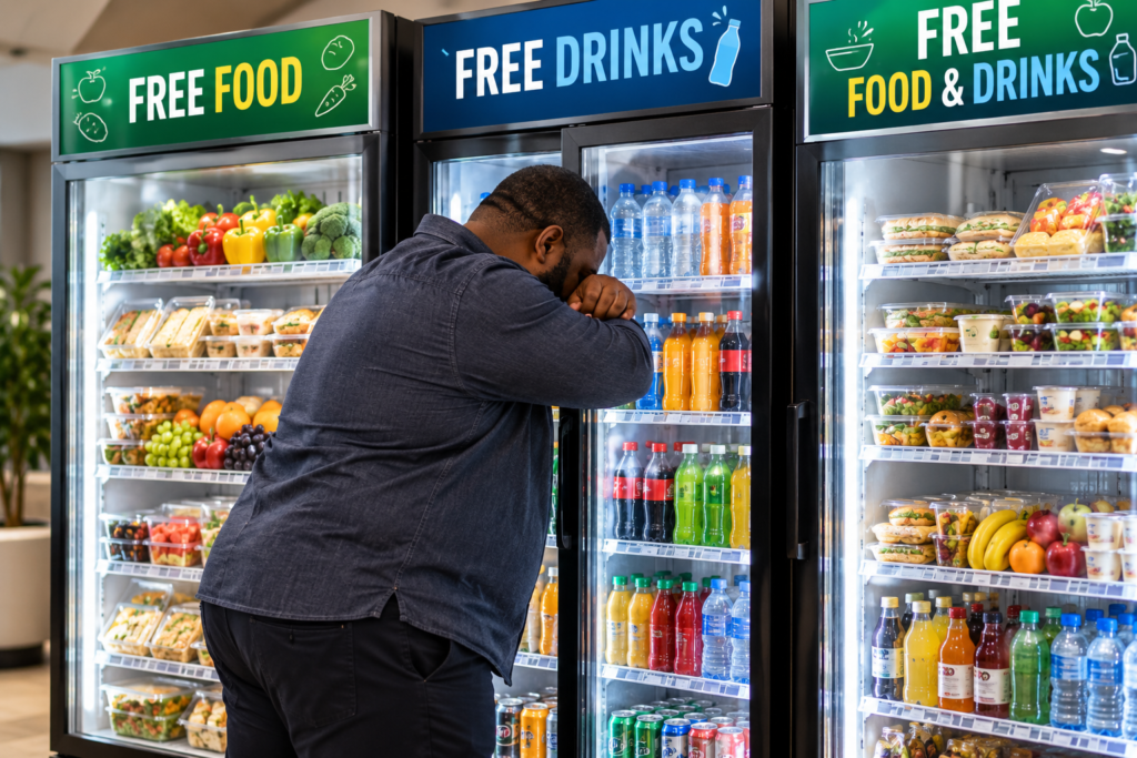 A man pauses thoughtfully before three fridges offering free food and drinks, depicting the need to discern whether an attractive opportunity is truly right to take.