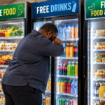 A man pauses thoughtfully before three fridges offering free food and drinks, depicting the need to discern whether an attractive opportunity is truly right to take.