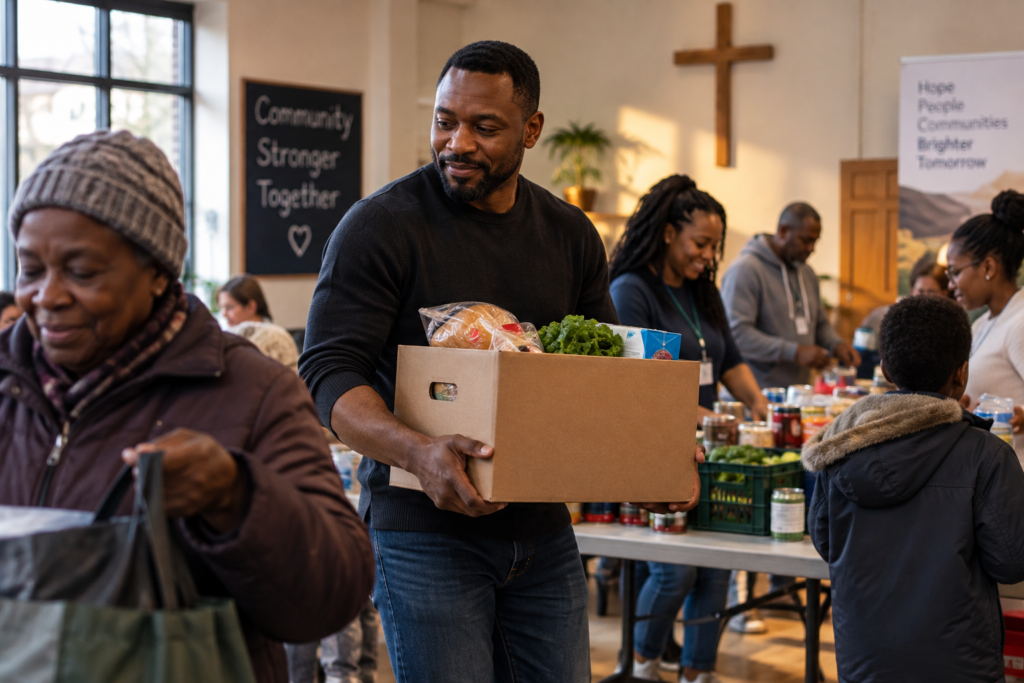 A man carries a box of groceries while serving alongside other volunteers at a community food outreach in a church hall.