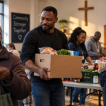 A man carries a box of groceries while serving alongside other volunteers at a community food outreach in a church hall.