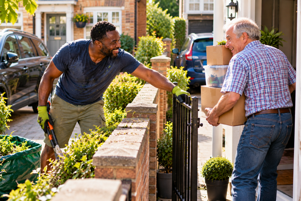 A man pauses his gardening to cheerfully hold a gate open for an older neighbour carrying boxes, demonstrating kindness and putting faith into practice.