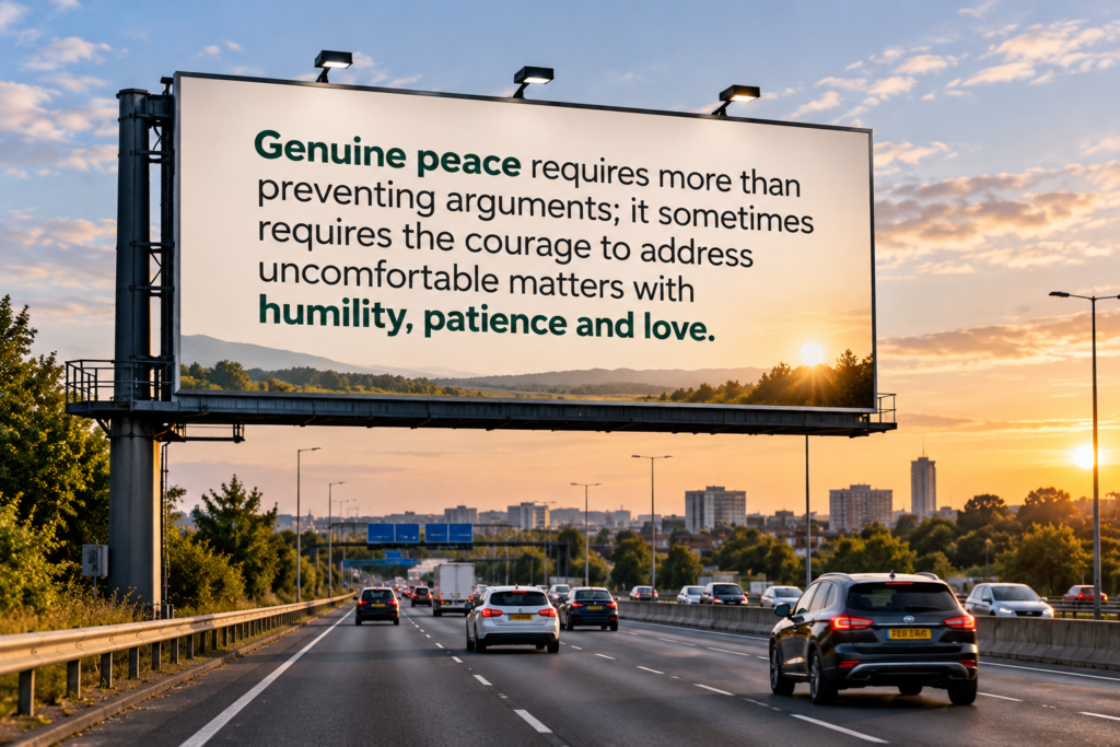 A large illuminated highway billboard displays the message: "Genuine peace requires more than preventing arguments; it sometimes requires the courage to address uncomfortable matters with humility, patience and love", as cars travel along a busy motorway at sunset.