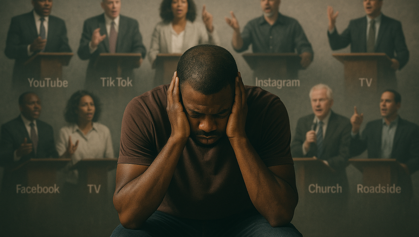 A photograph of a man sitting on a chair with his head bowed and his hands covering his ears in frustration. Behind him, multiple faded images of preachers of different races, genders, and denominations appear as if floating, each with labels such as YouTube, TikTok, Instagram, Facebook, TV, Radio, Church, and Roadside, symbolising overwhelming spiritual noise.