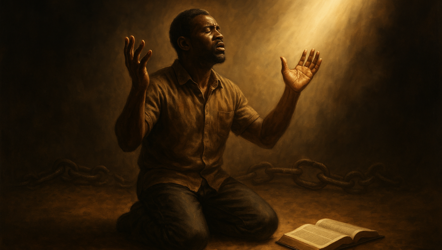Broken_but_Still_Chosen A broken man kneeling and praying in repentance and humility after being freed from chains.