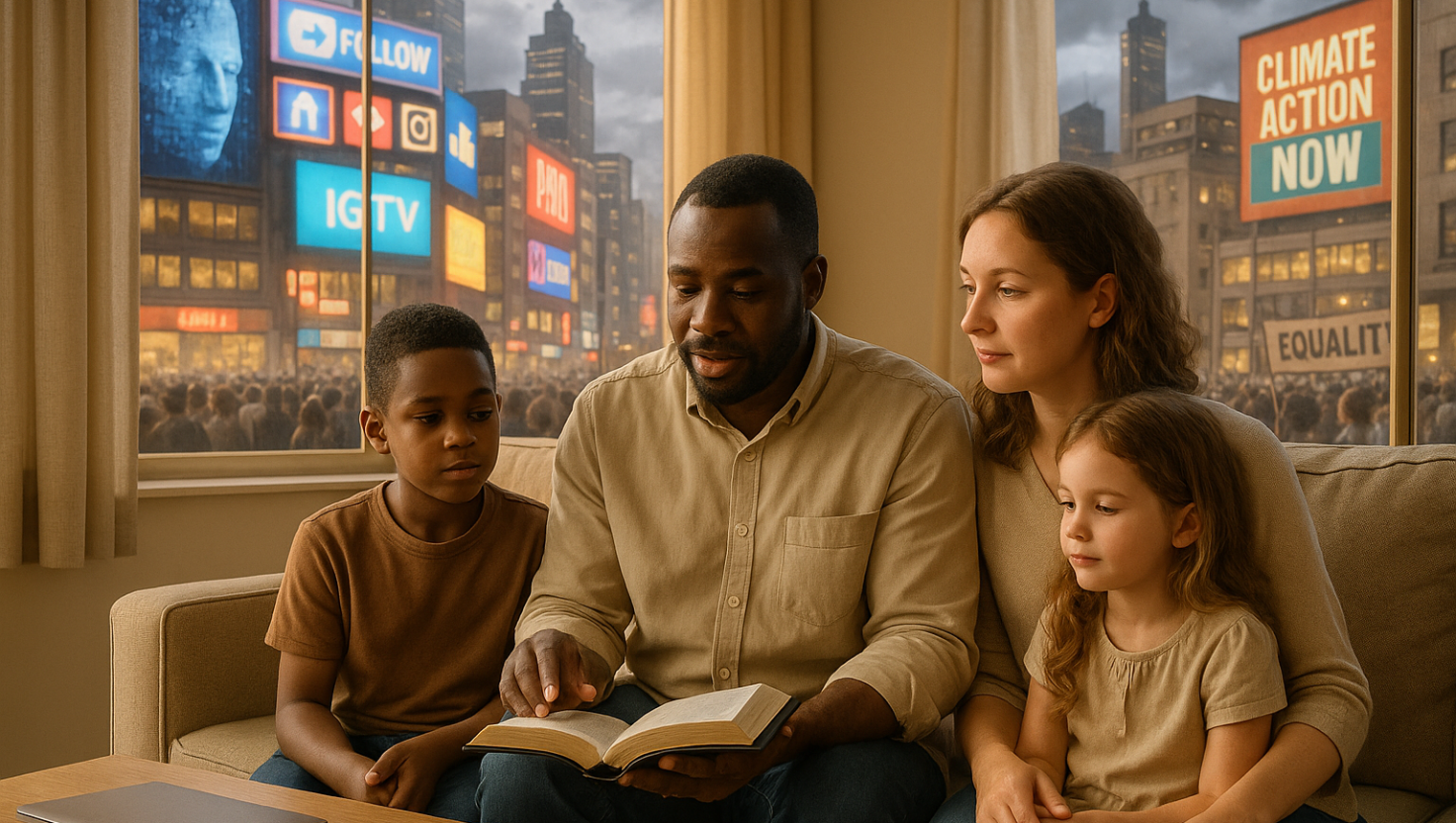 A family guided by the Word of God and staying calm indoors amidst boisterous tumult outside