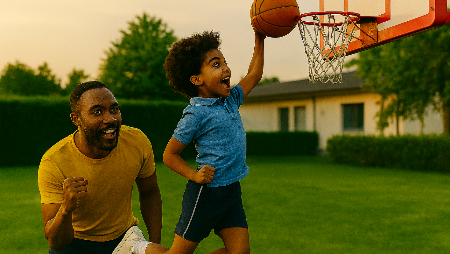 A little boy attempting the tomahawk slam at the backyard with his father cheering him on