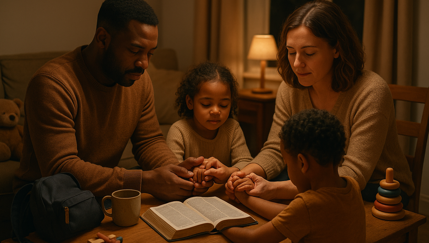 Exemplifying-Christ A man, his wife, and their children all holding hands together in prayer