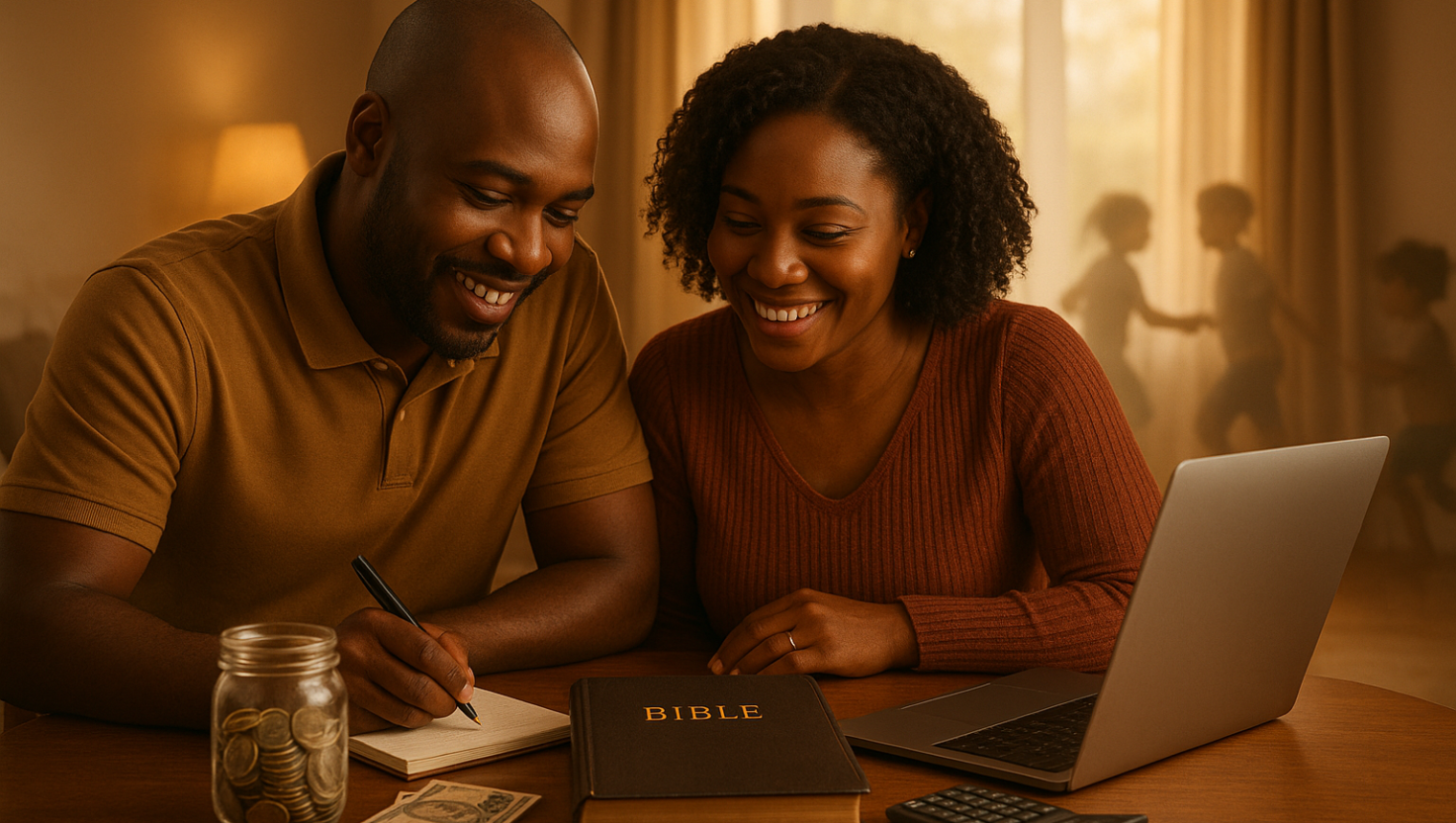 A man and his wife with a calculator and notepad, planning their finaces