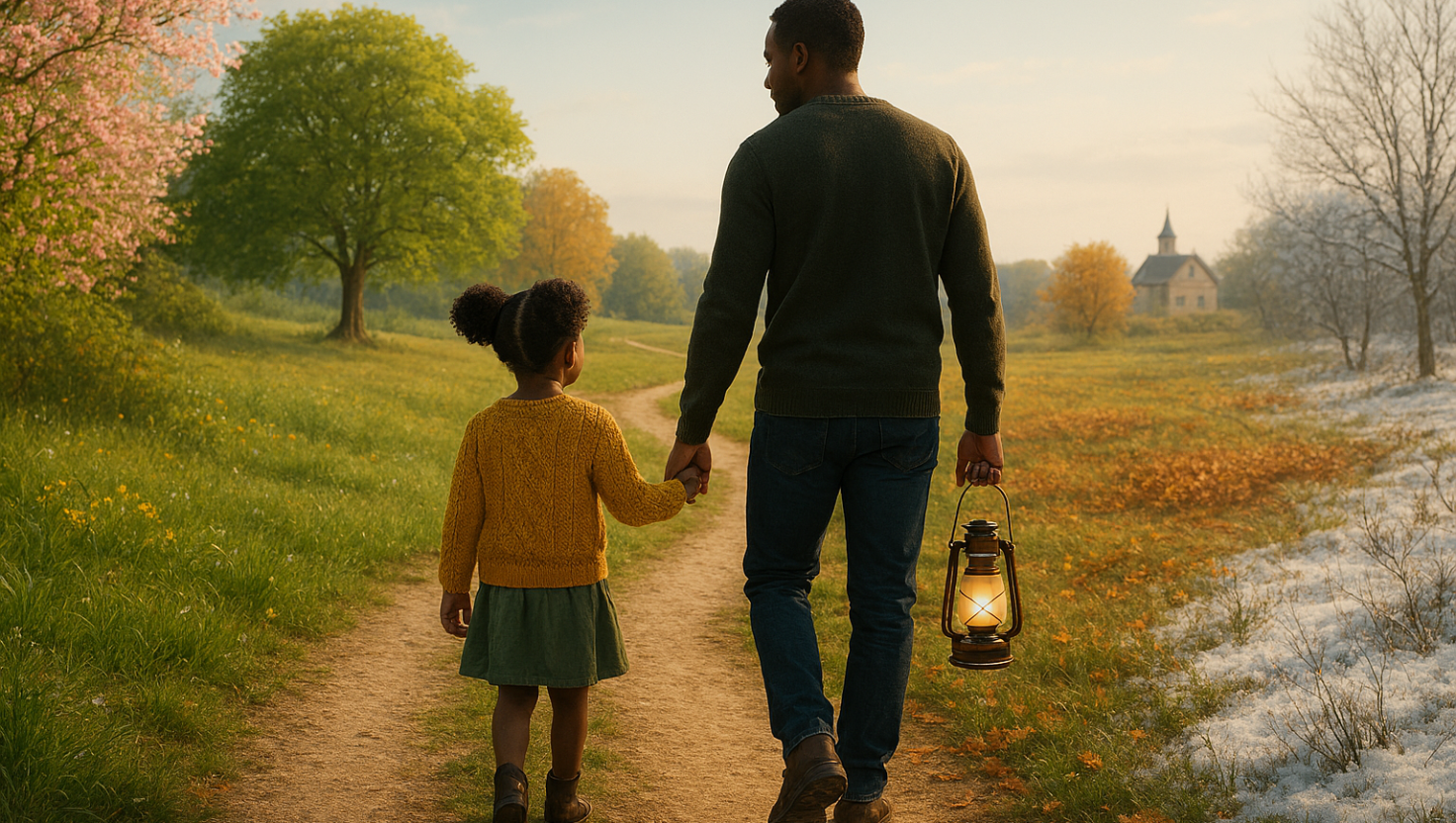 Father walking hand-in-hand with his child along a winding path that stretches through changing landscapes