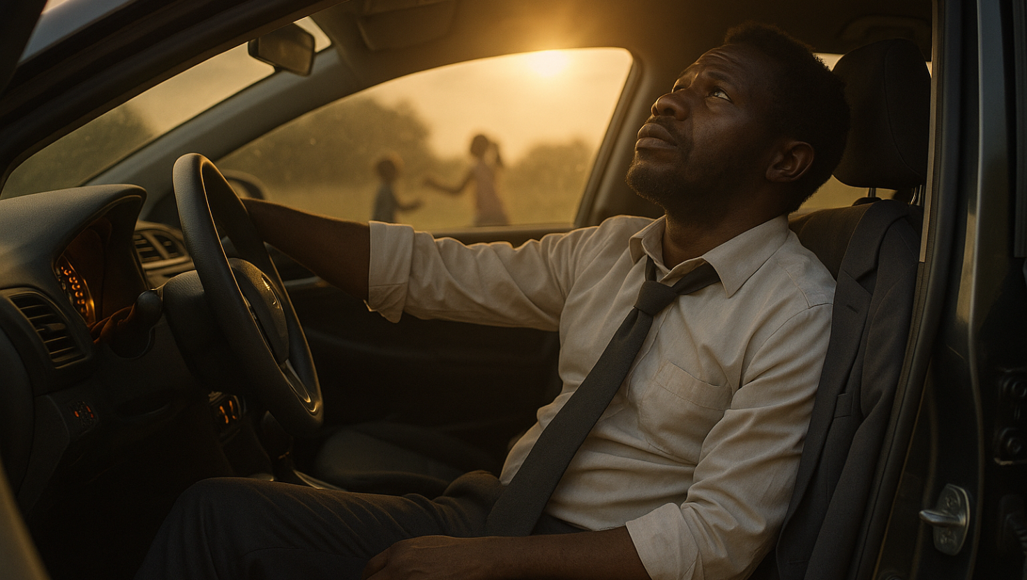 A man sitting in his car in despair while his children play in a far distance