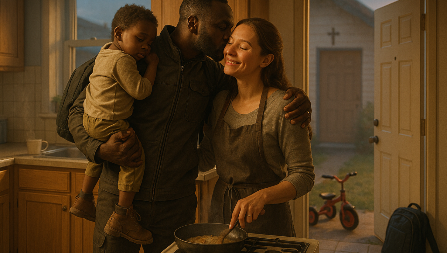 Godly-Father An African man carries his young son in one arm, and embraces his Russian wife with the other, while giving her a perk