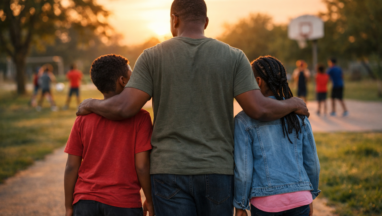 A father walks between his two child along a quiet path, resting gentle hands on each child’s shoulder as they talk, with other children faintly visible in the background, playing — showing guidance, care, and wisdom in choosing friendships.
