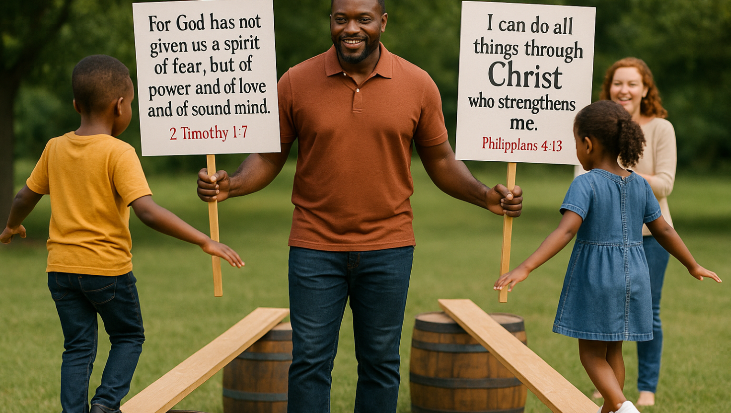 Two kids walking on slim long planks, learning to balance, with their eyes fixed on scriptures held by their dad in white boards, while mum cheers on