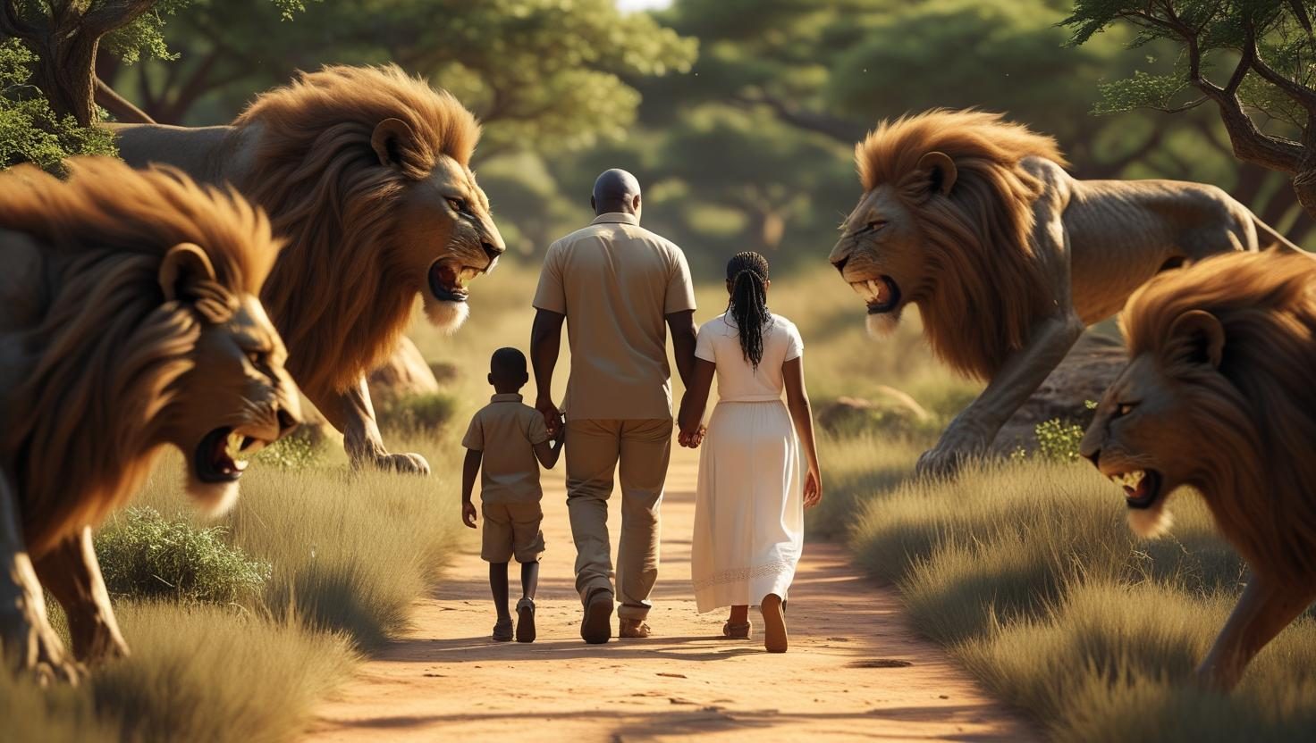 Guiding-Fathers A father walking his children through the midst of fierce lions unfazed