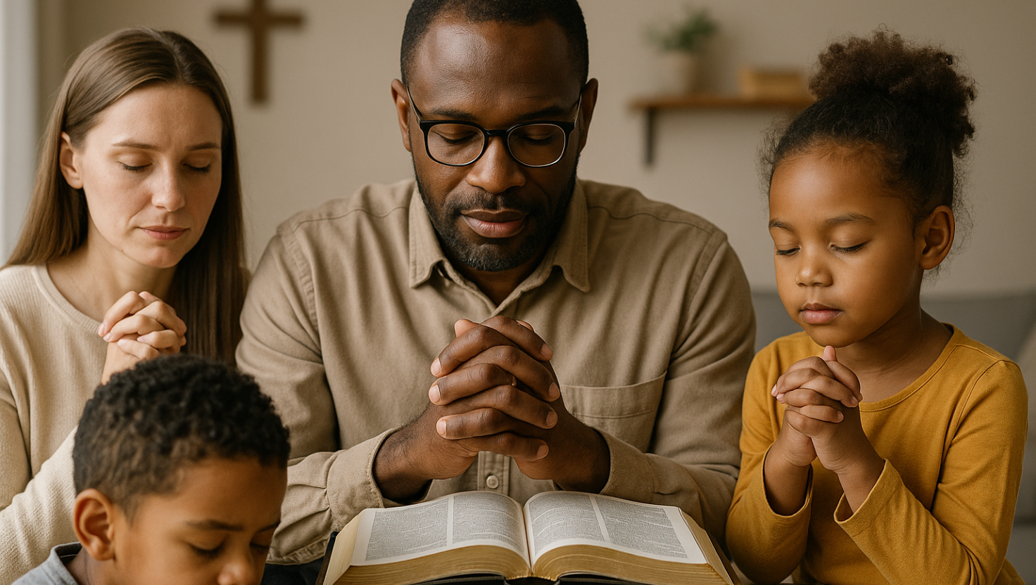 Legacy-of-Presence A family gathered around the table, praying before starting to study the Bible together