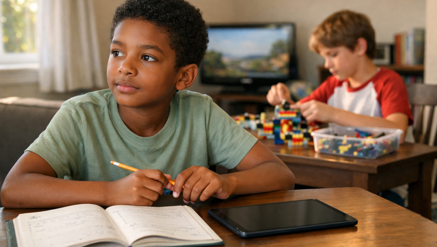 Two children sit at a table with a tablet placed in front of one child and a workbook open beside it, while the other child in the background has a TV on beside him, but chooses to build with a LEGO set, showing thoughtful choice and balanced use of digital technology.