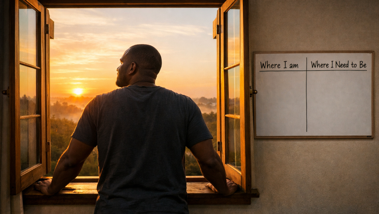 A man standing at an open window facing the sunrise, with his hands resting on the bevel, and a whiteboard behind him that reads “Where I Am” and “Where I Need to Be.
