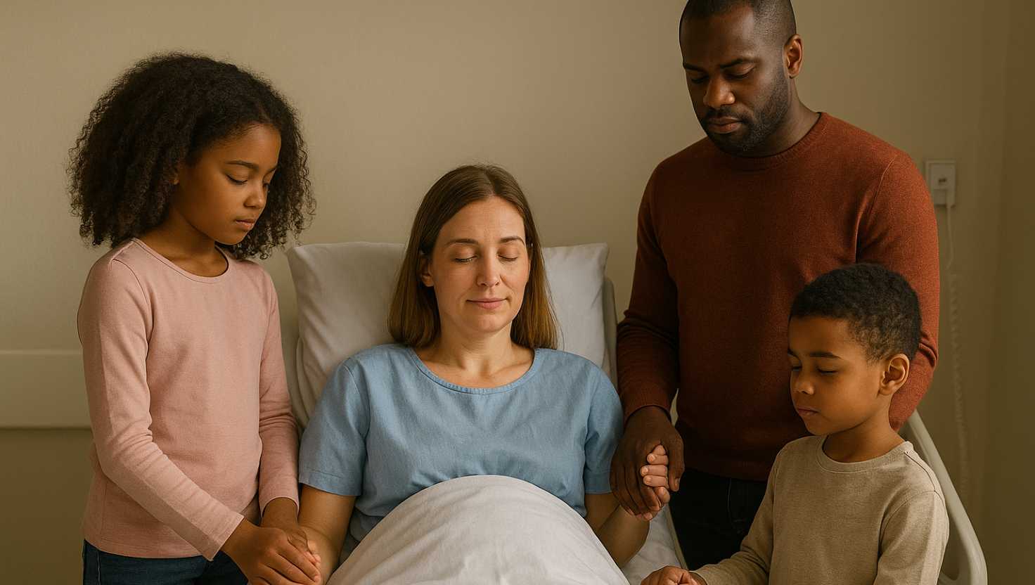 Dad, mum, daughter, and son holding hands together in prayer for mum who is lying sick in a hospital bed
