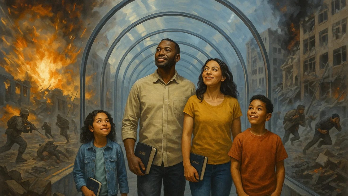 Shelter-Amidst-Chaos A family sheltered and undaunted in the middle of a war, destruction, and chaos