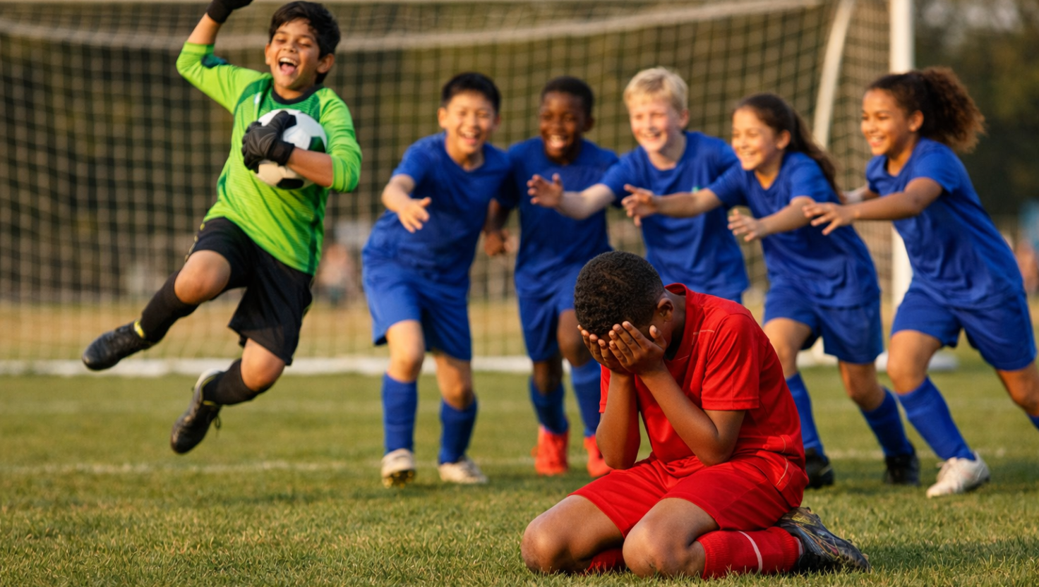 A young football player kneels on the pitch with his face covered after missing a penalty, while the opposing goalkeeper jumps in celebration holding the ball as teammates run toward them cheering in warm afternoon sunlight.
