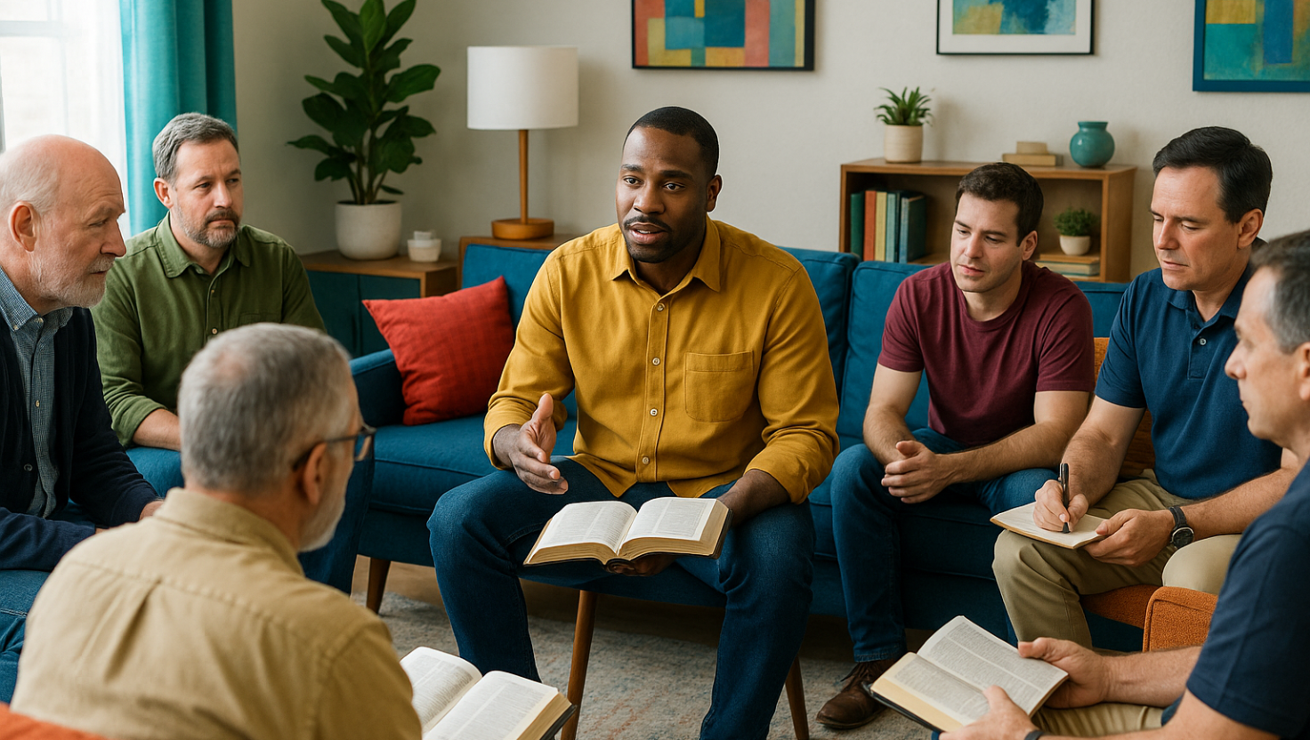 A group of Christian men sit in a modern living room, listening as the central speaker with an open Bible leads a reflective discussion.