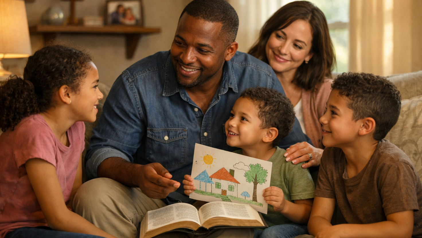 A father sits with his family, holding an open Bible and gently guiding his children in a calm, loving home setting