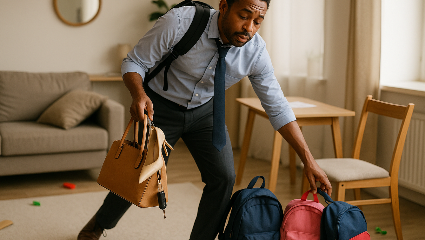 A man just coming back from work tired, still in his work dress, and trying to fix the sitting room littered by his family as he goes in