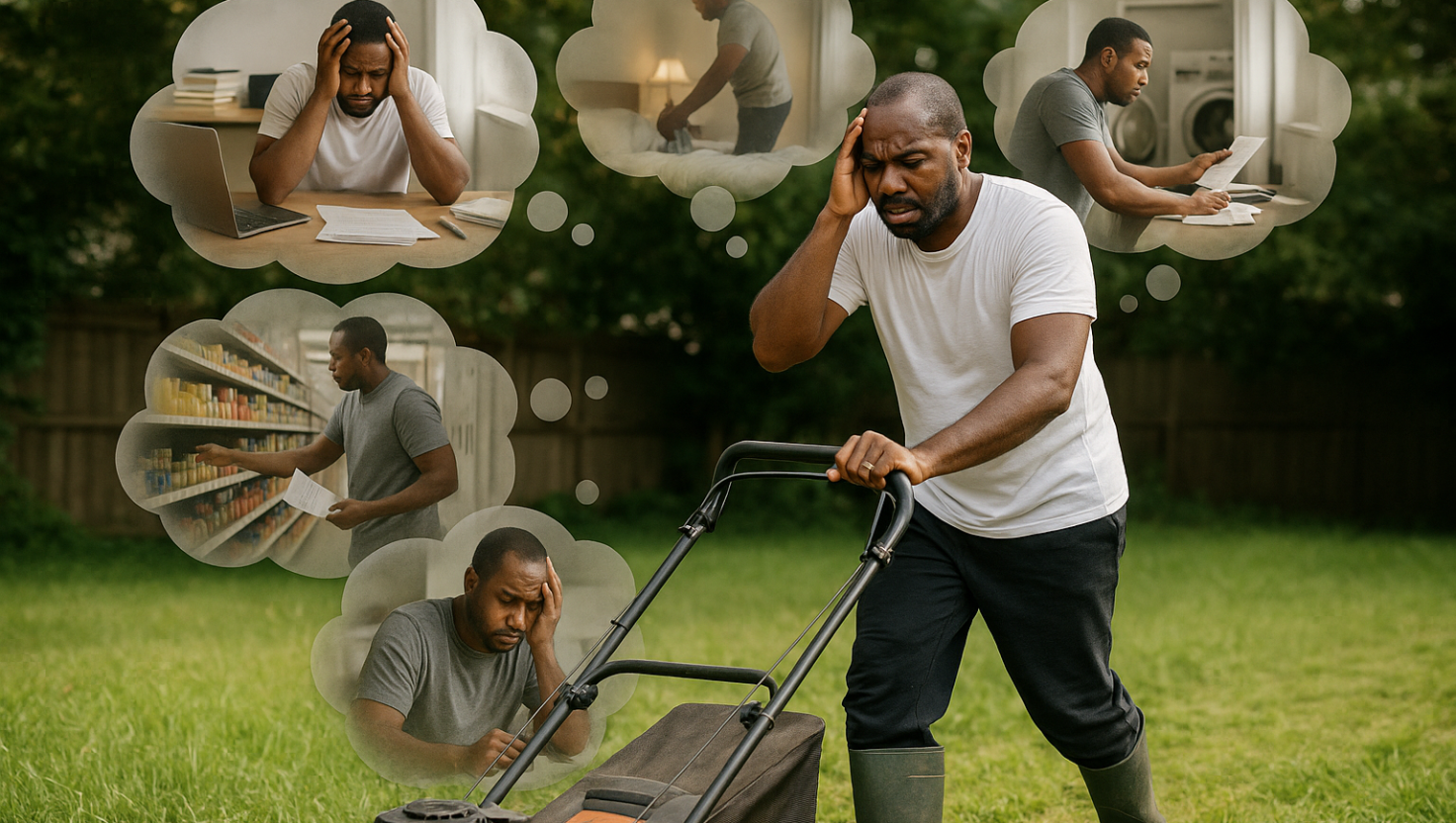 A man mowing his lawn but looking distracted, tired and overwhelmed with his thoughts captured in several bubbles, showing everything he'd like to achieve same day