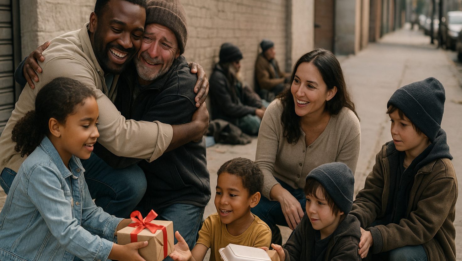 family-kindness A family sharing food and gifts with homeless people on the street