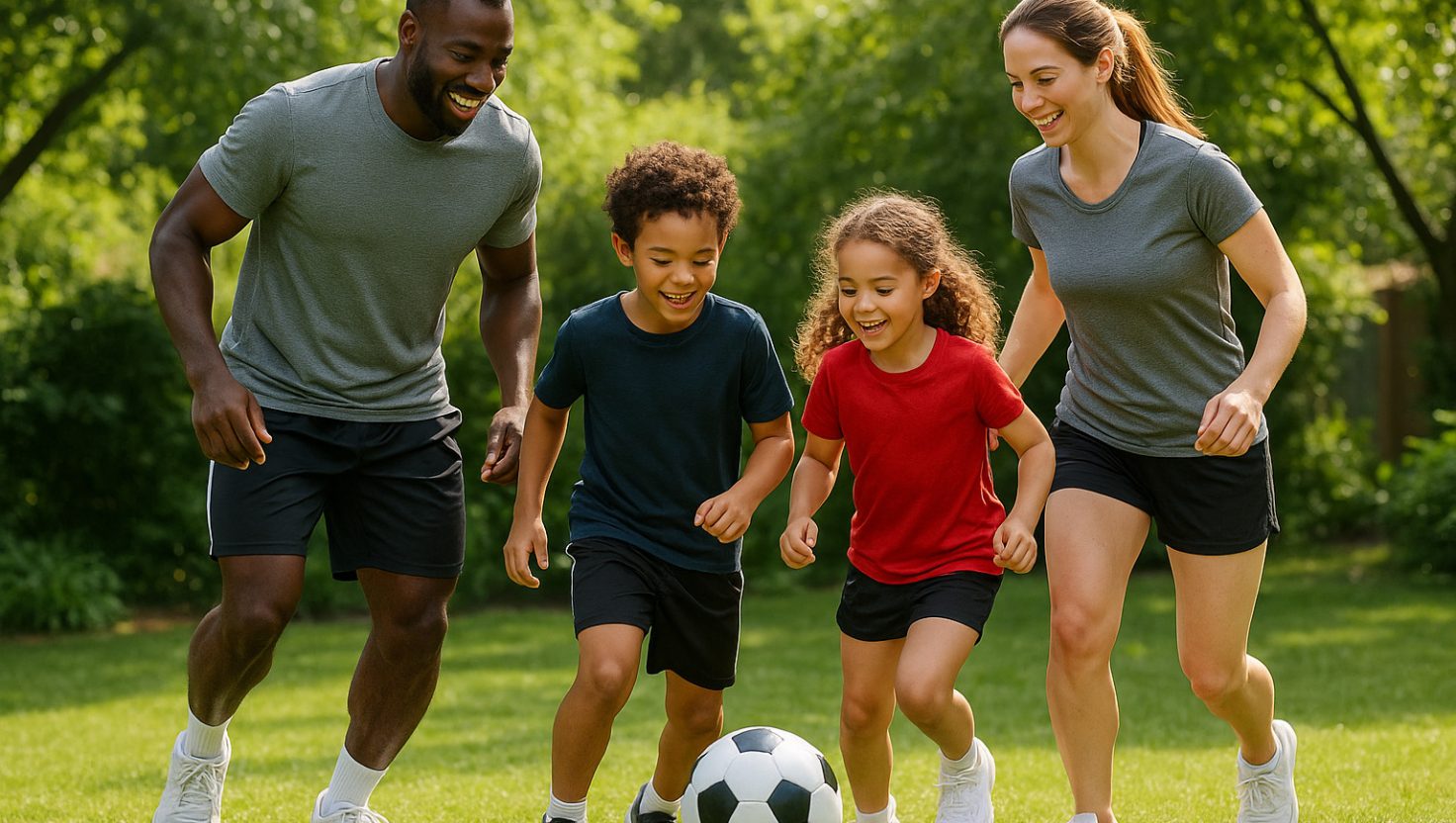 family-soccer A family playing soccer together as the father's way of modelling healthy living to his family