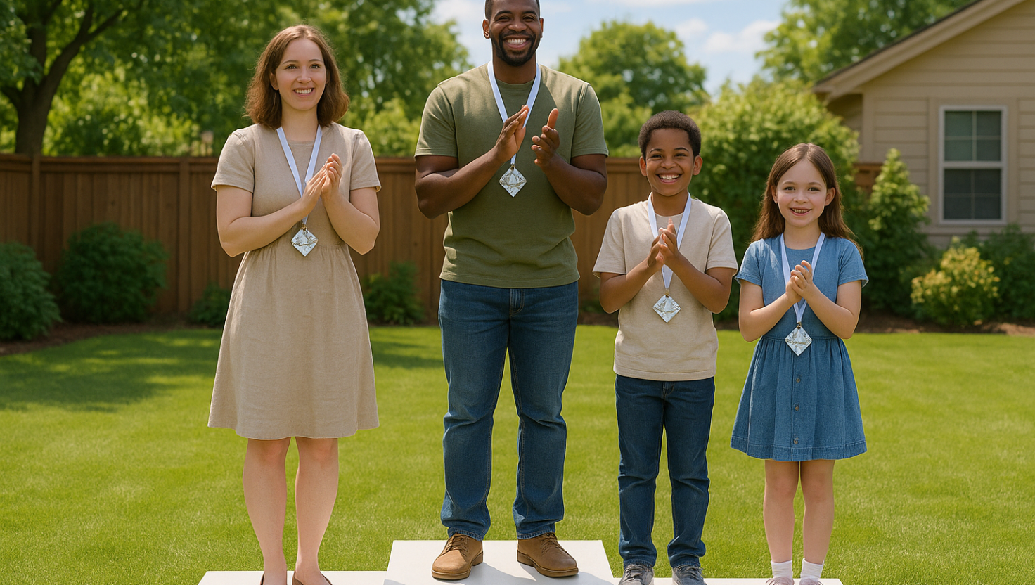A family standing on a winners' podium, celebrating their victory. Dad in the middle, mum on his right, and their two children together on his left.
