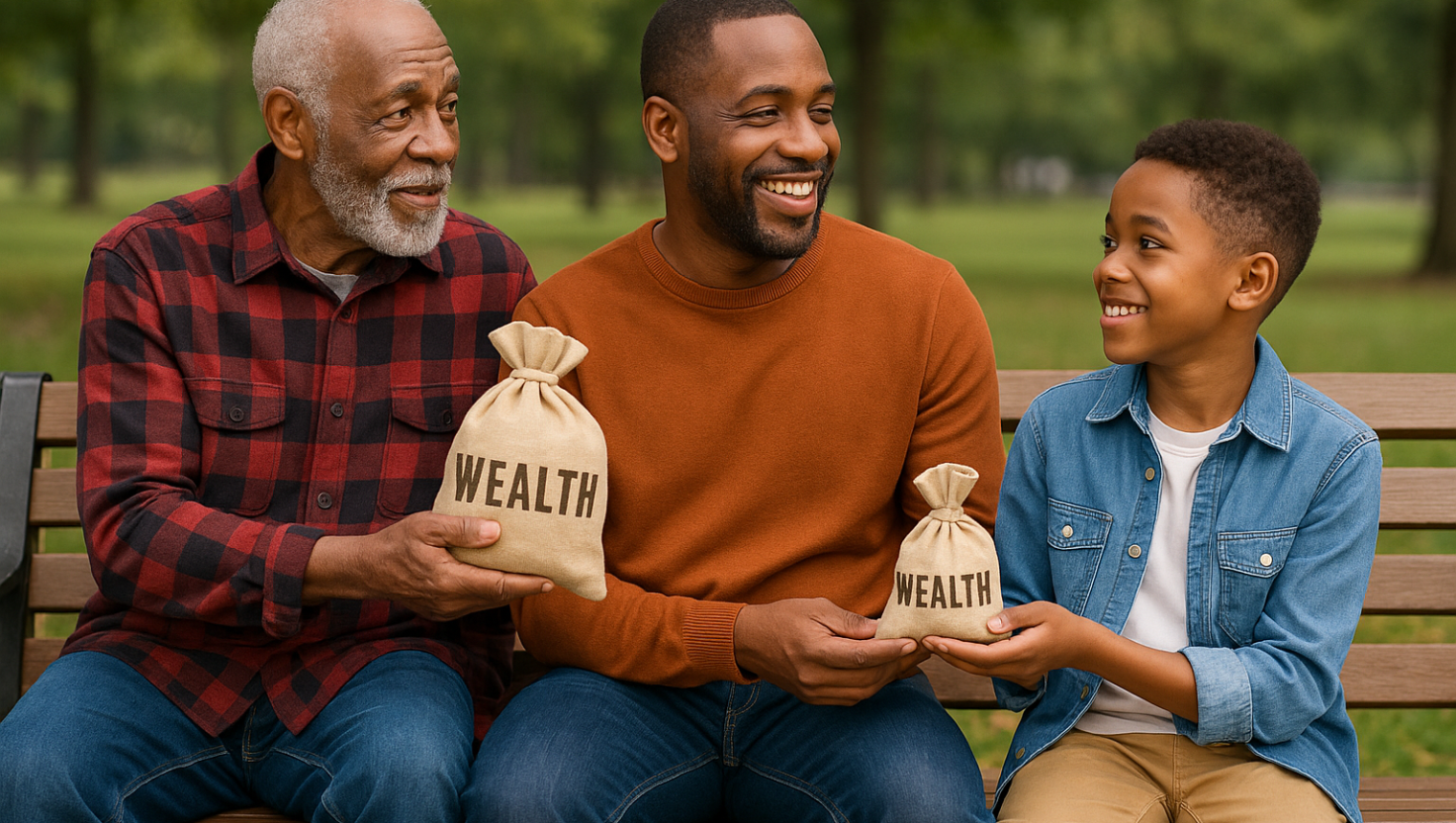 generational-wealth Grandpa handing a treasure bag to his son, while his son is also passing another treasure bag to his own son