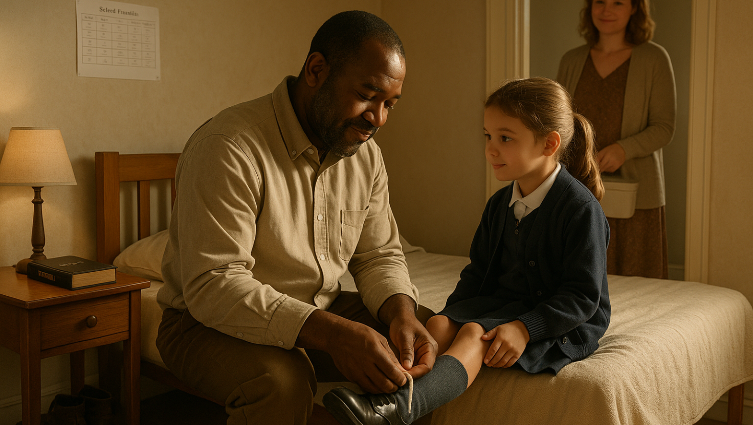 loving-father A father laces his daughter's shoes out of love, not obligation.