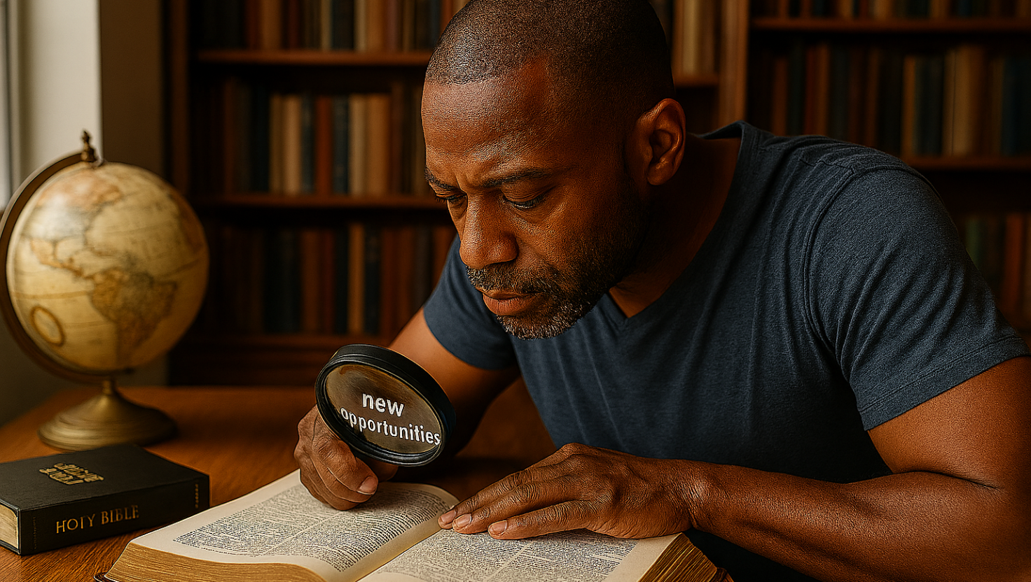 A man actively searching through a book with a magnifying glass, seeking new opportunities
