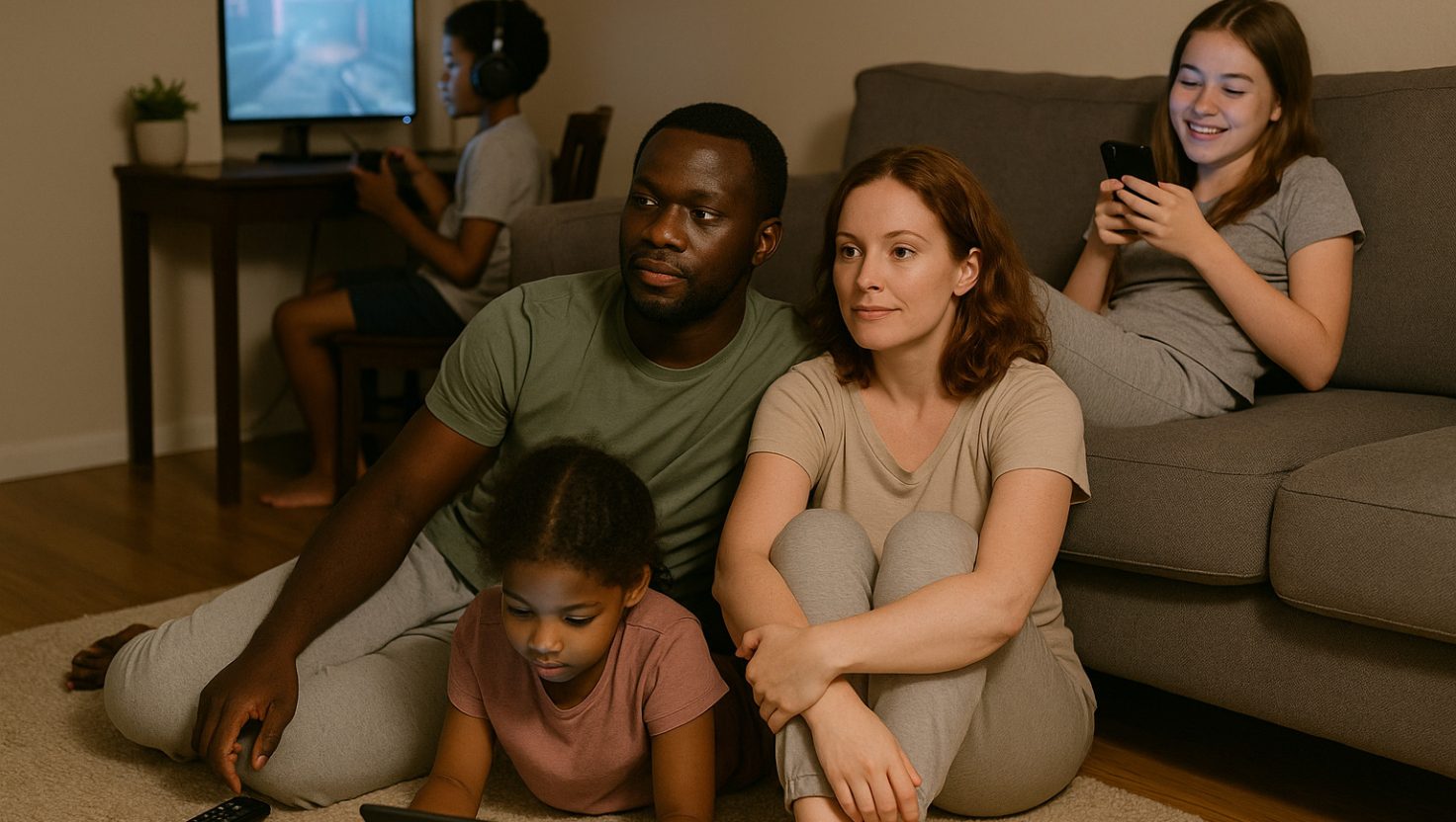 tech-family A family with parents and kids engrossed in their respective digital devices