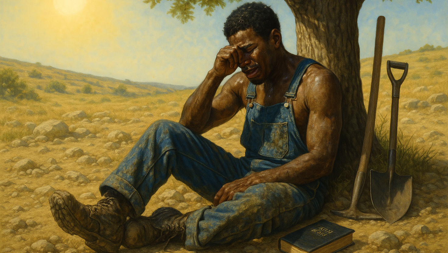tired-labourer-resting A tired labourer resting under a tree and crying, with grasses and sand stains, as well as sweat all over his body and denim dungarees