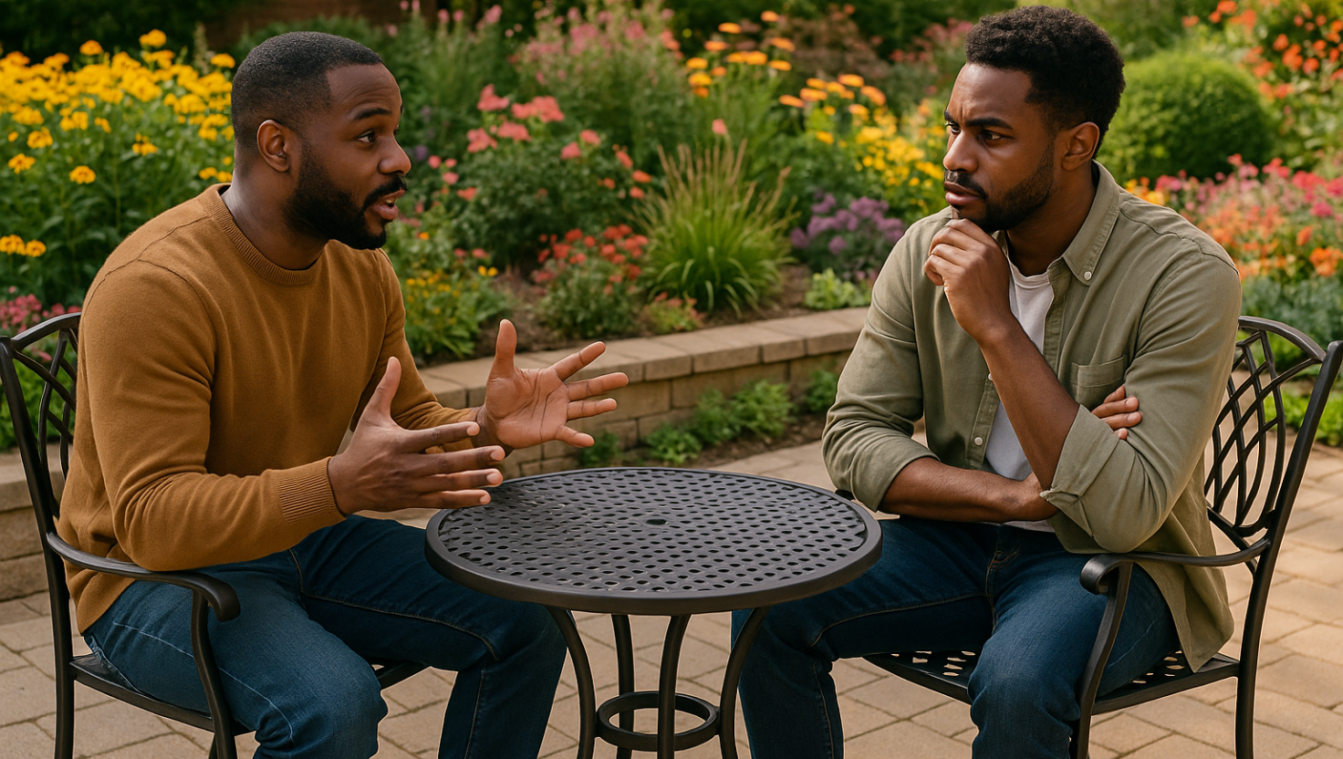 wise-cousel One friend giving wise counsel to another, while the other is listening with keen interest